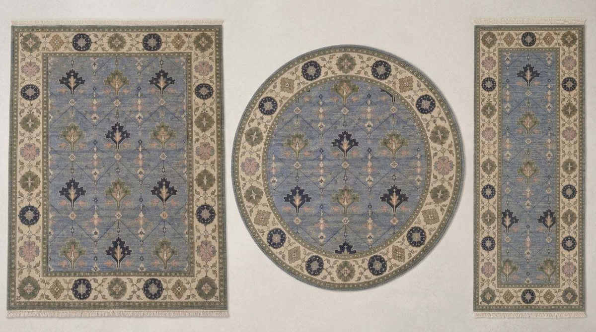 Oushak Hand Knotted Rug in cornflower blue wool with stepped tree motifs, diamond lattice and ivory rosette borders, shown in three shapes