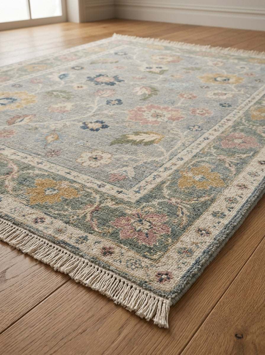 Oushak Hand Knotted Rug in dove gray wool with muted floral motifs, sage green border and cream fringe
