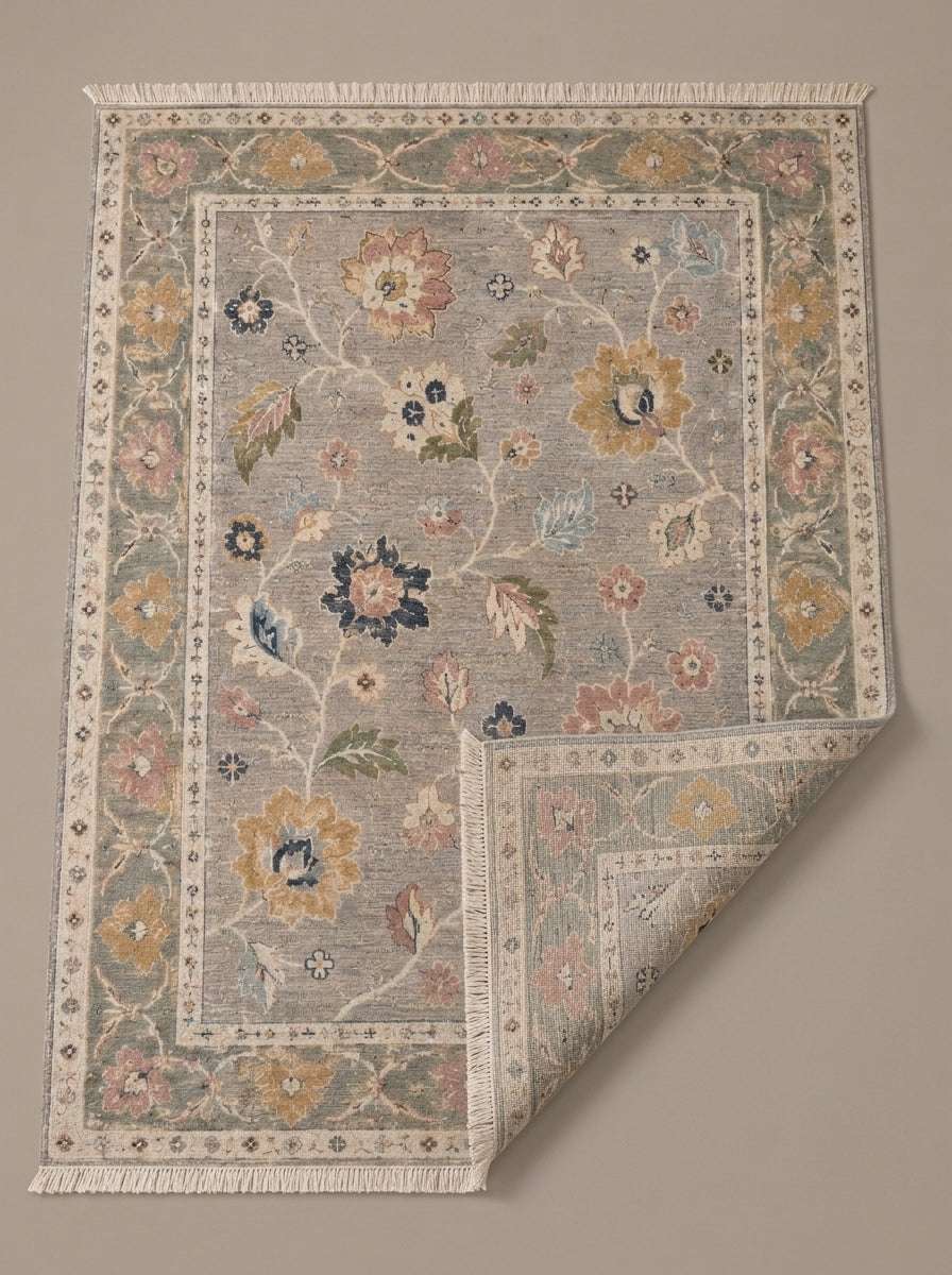Oushak Hand Knotted Rug in dove gray wool with scattered floral motifs, sage green palmette border and fringed ends