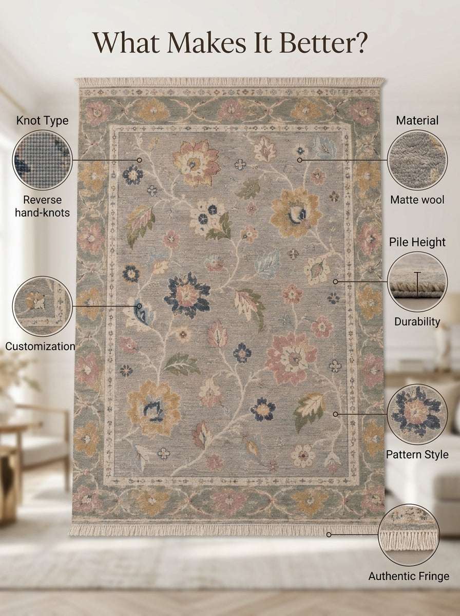 Oushak Hand Knotted Rug in dove gray wool with muted floral motifs, sage-toned borders and fringed edges