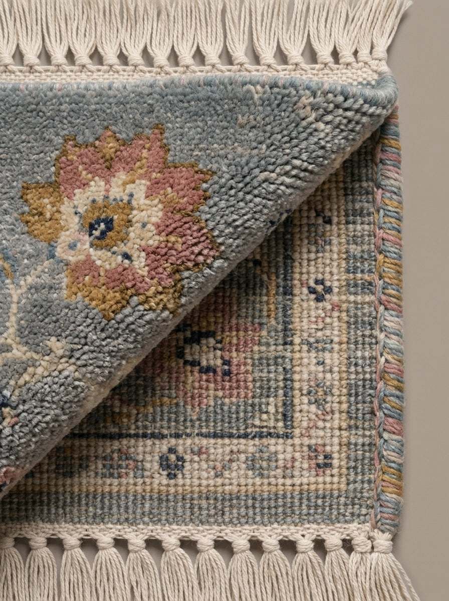 Oushak Hand Knotted Rug in dove gray wool, with a blush and ochre floral motif, multicoloured edging and ivory fringe
