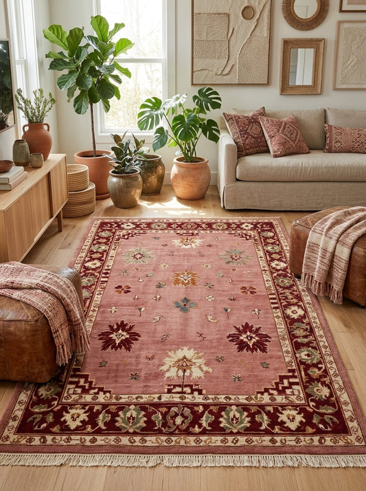 Oushak Hand Knotted Rug in dusty rose wool, with scattered floral motifs, a burgundy border, and cream fringe.