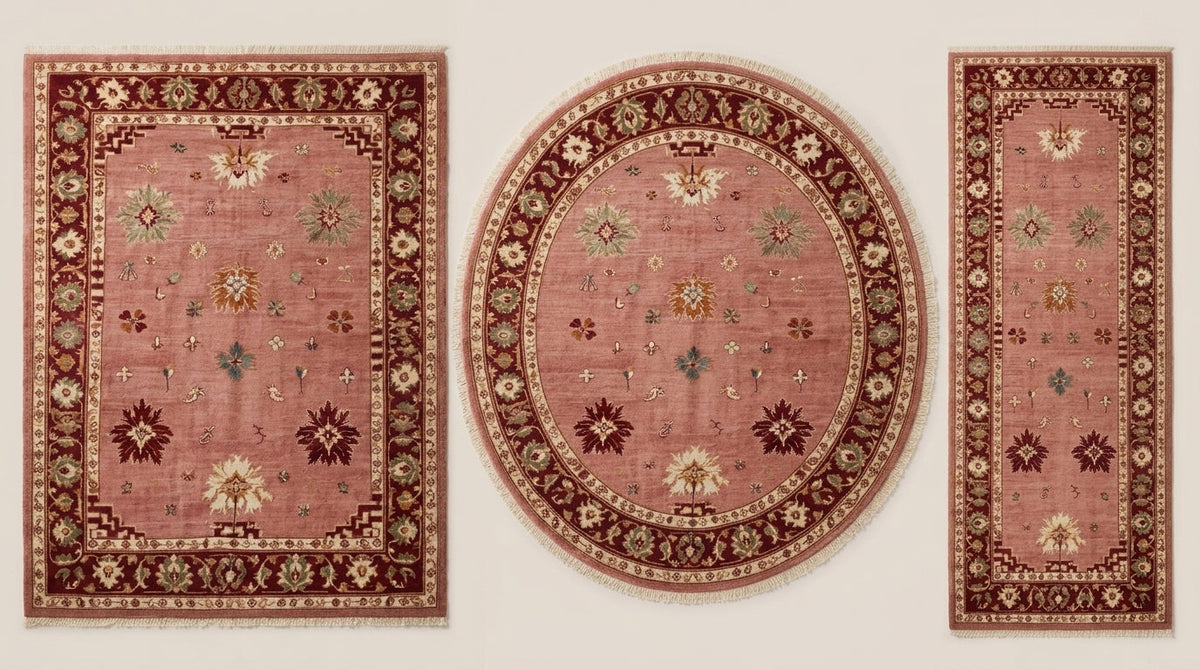 Oushak Hand Knotted Rug in dusty rose wool with scattered multicolour florals and a deep burgundy floral border.