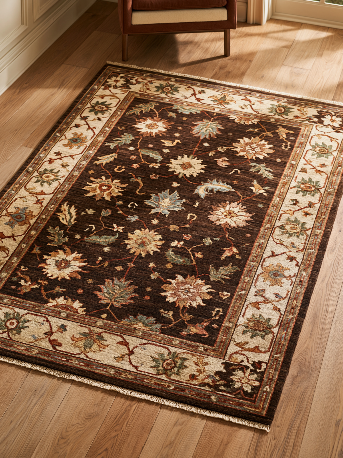 Oushak Hand Knotted Rug in espresso brown wool with scattered floral motifs and a beige border of rust and sage vines