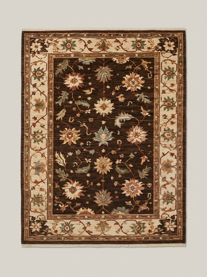 Oushak Hand Knotted Rug in espresso brown wool, with scattered floral motifs and a beige border of rust vines and sage palmettes.