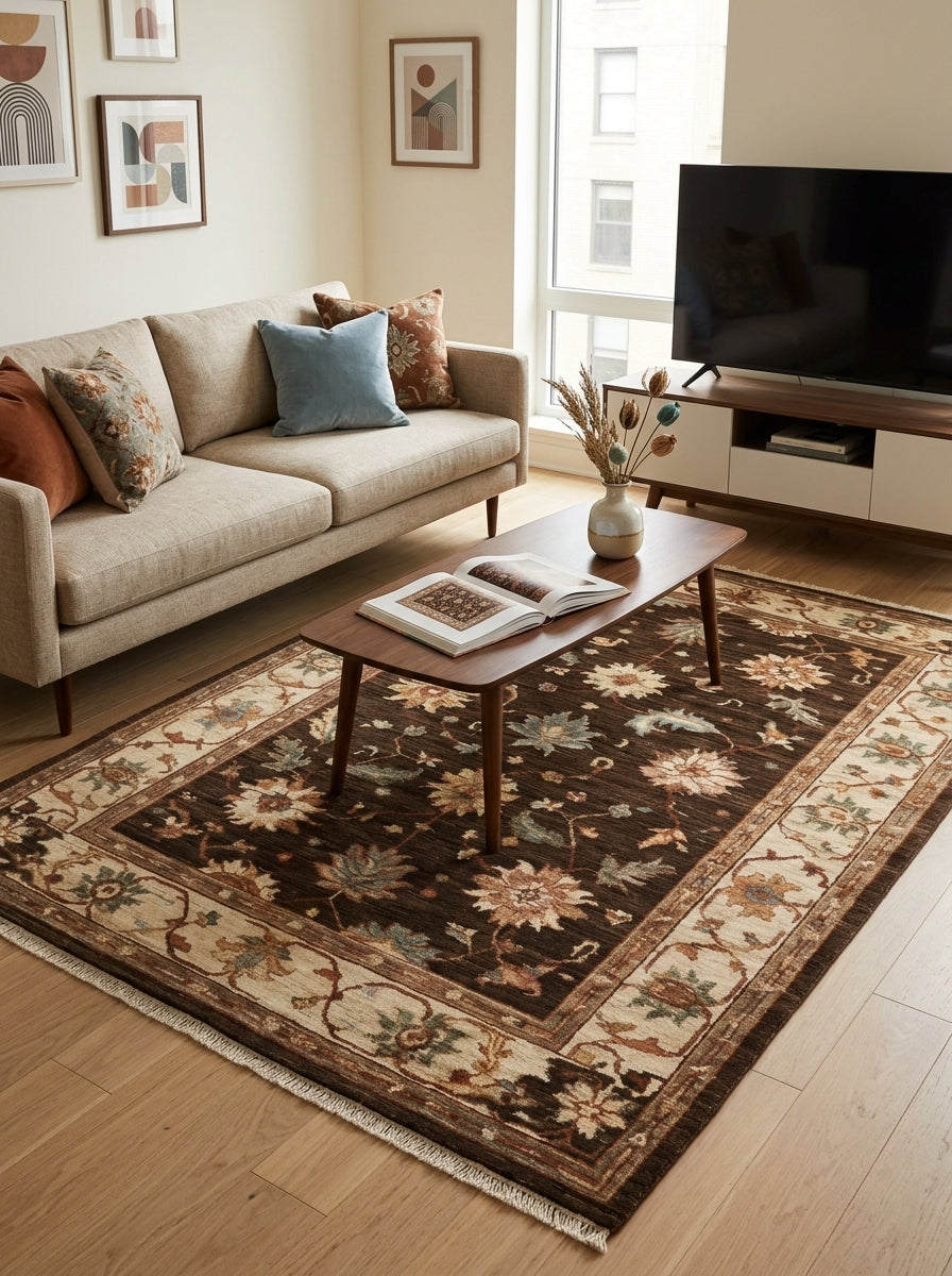 Oushak Hand Knotted Rug in espresso brown wool, with cream, rust and muted floral motifs and a beige scrollwork border.
