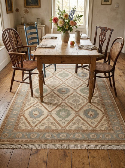 Ivory Garden Lattice Hand Knotted Wool Rug, Floral Powder Blue Border