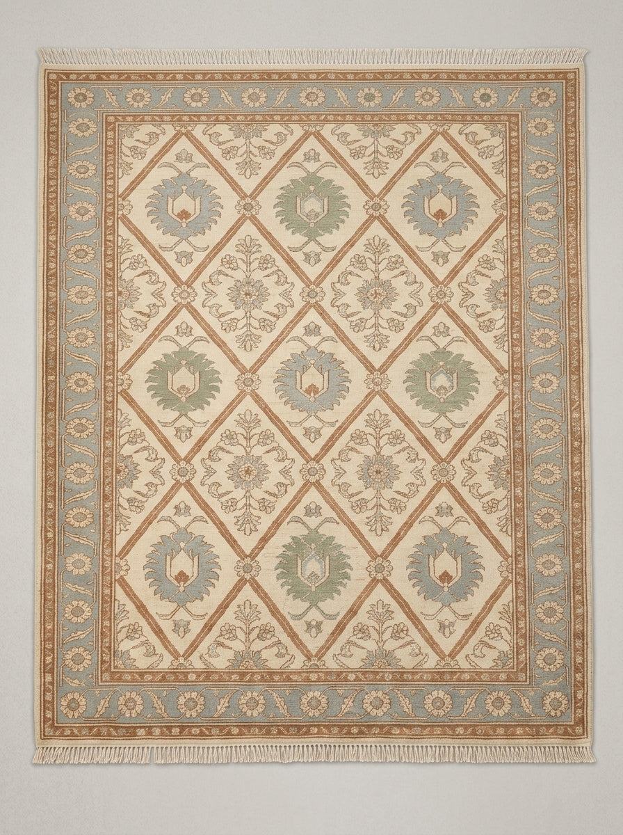Ivory Garden Lattice Hand Knotted Wool Rug, Floral Powder Blue Border