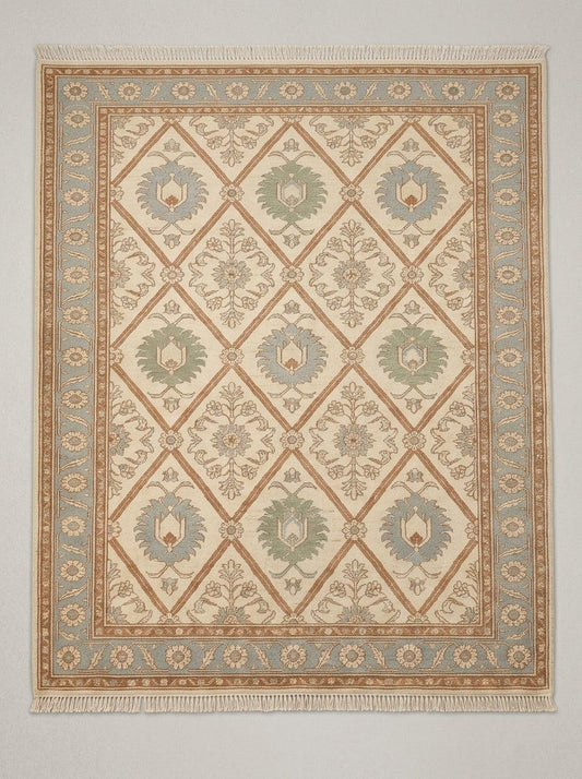 Ivory Garden Lattice Hand Knotted Wool Rug, Floral Powder Blue Border