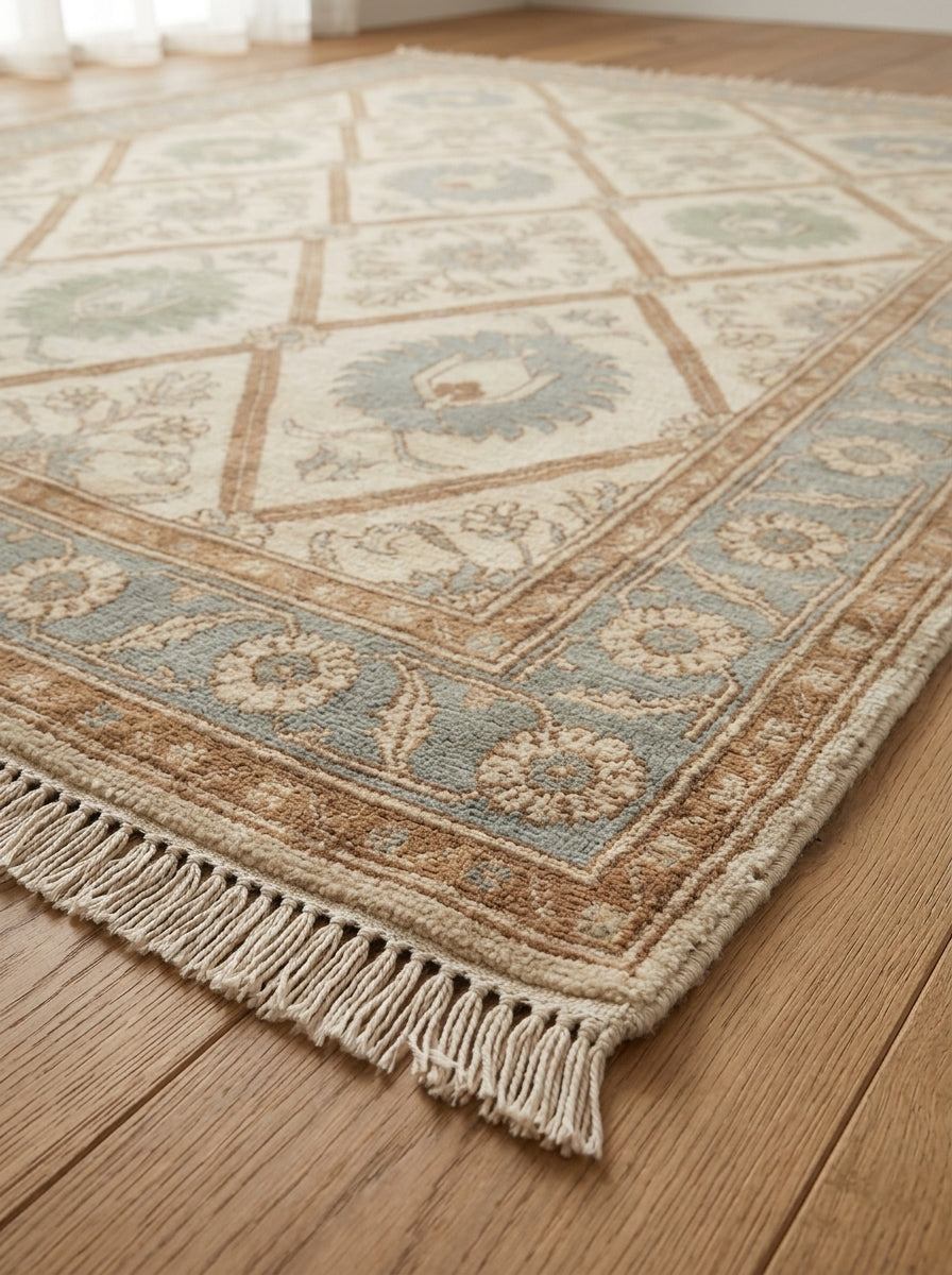 Ivory Garden Lattice Hand Knotted Wool Rug, Floral Powder Blue Border