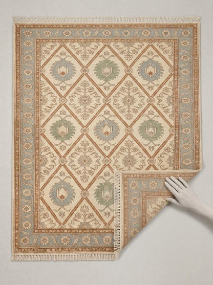 Ivory Garden Lattice Hand Knotted Wool Rug, Floral Powder Blue Border