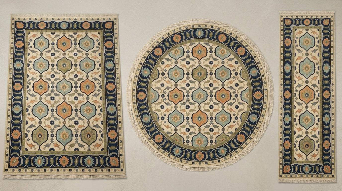 Oushak Hand Knotted Rug in ivory wool with navy-outlined hexagon medallions, aqua, rust and olive details and navy borders