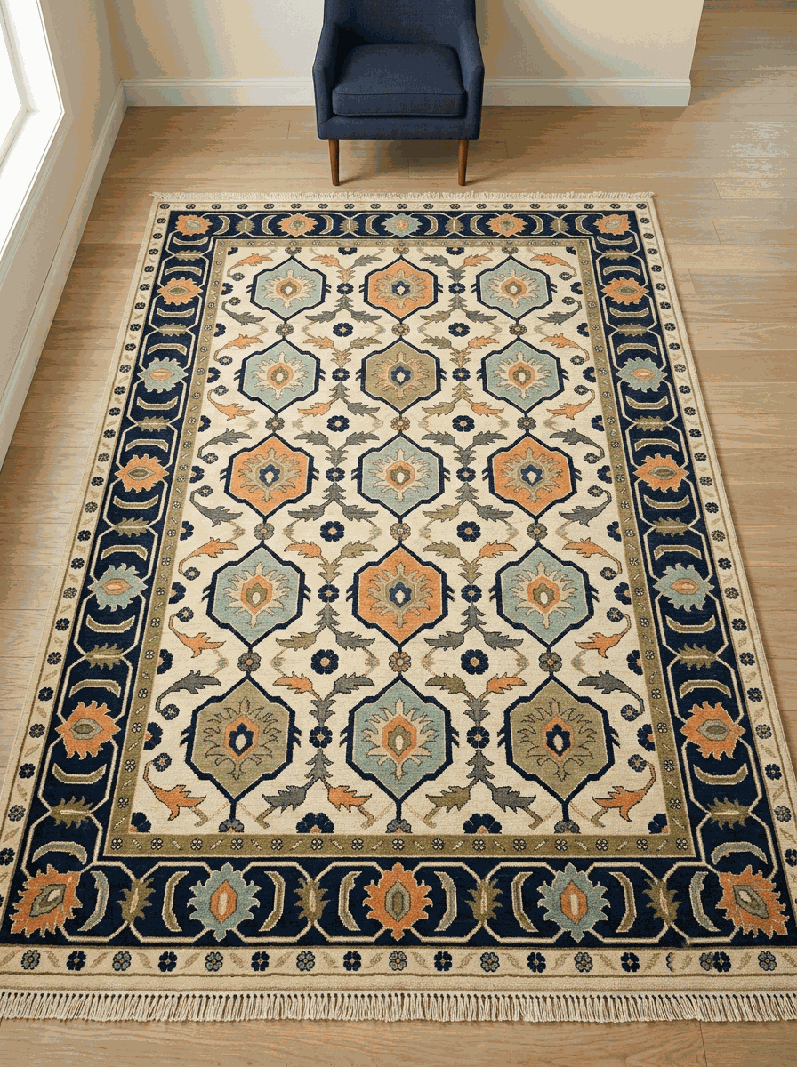 Oushak Hand Knotted Rug in ivory wool with navy-outlined hexagon medallions, aqua, orange and olive accents, and a navy floral border