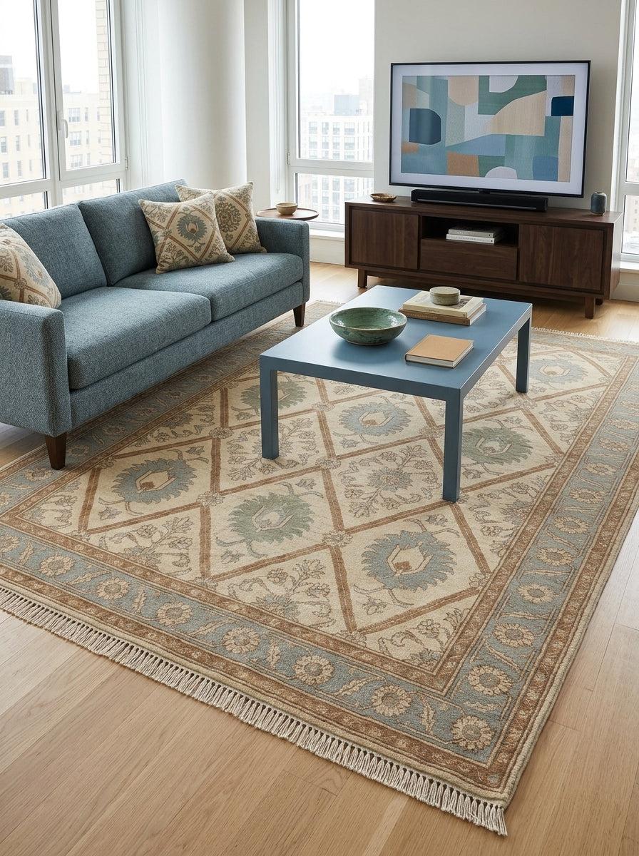 Ivory Garden Lattice Hand Knotted Wool Rug, Floral Powder Blue Border
