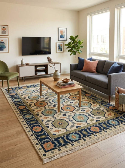 Oushak Hand Knotted Rug in ivory wool with navy-bordered hexagon medallions in aqua, orange and olive