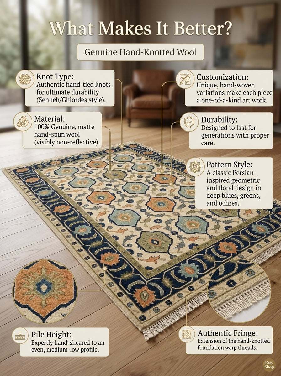 Oushak Hand Knotted Rug in ivory wool with navy-outlined geometric medallions in aqua, orange and olive