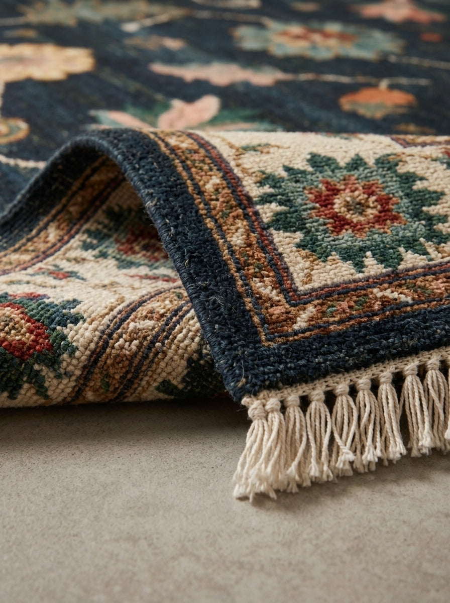 Oushak Hand Knotted Rug in deep navy wool with ivory, rust and green florals, patterned border and fringe.