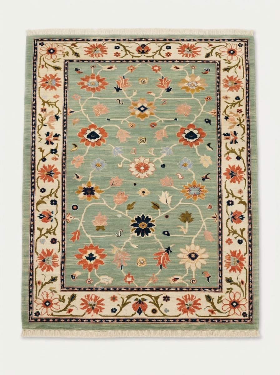 Oushak Hand Knotted Rug in mint green wool, with coral, navy and ivory floral motifs and a wide ivory border.