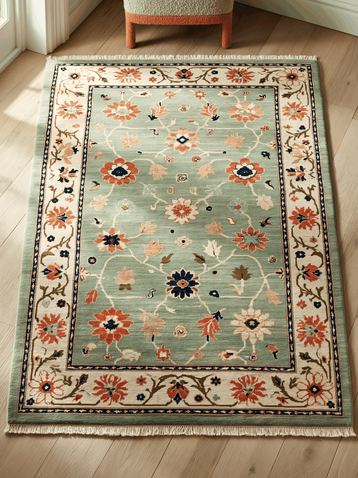 Oushak Hand Knotted Rug in mint green wool with coral, navy and gold floral motifs and an ivory vine border