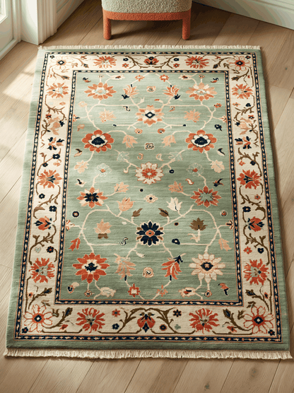 Oushak Hand Knotted Rug in mint green wool with coral, navy and gold floral motifs and an ivory vine border