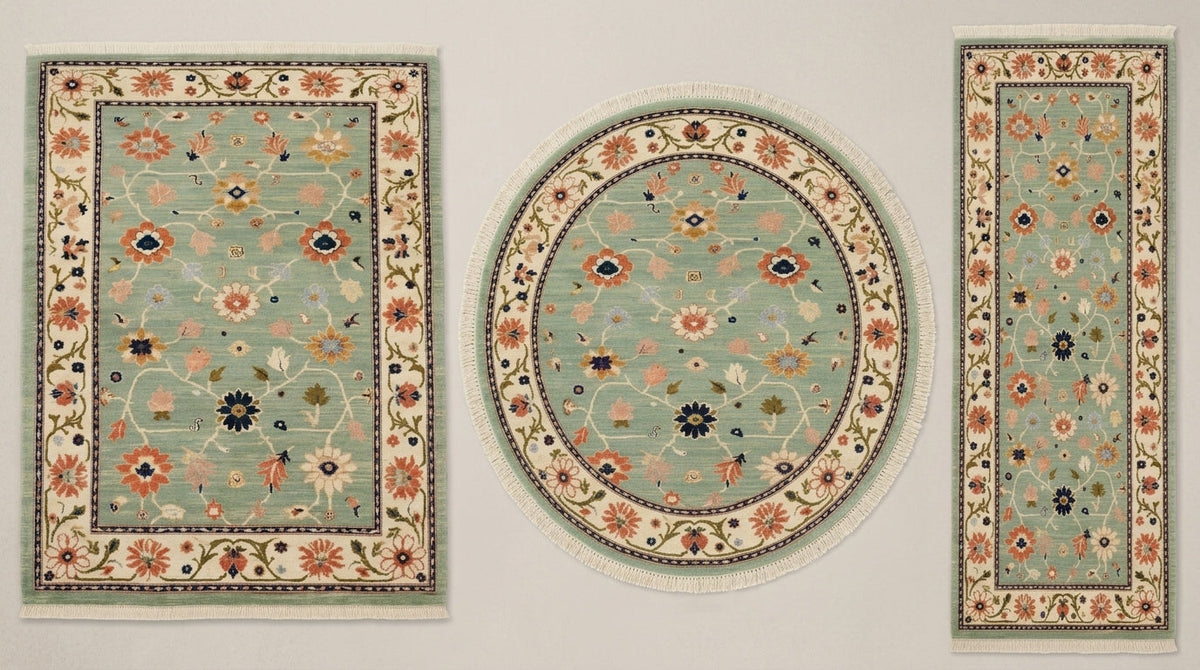 Oushak Hand Knotted Rug in mint green wool with coral and navy florals, ivory floral borders, shown in three shapes.