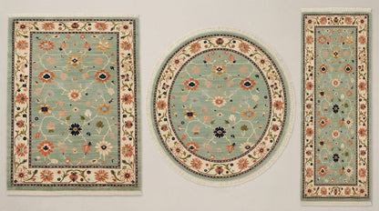 Oushak Hand Knotted Rug in mint green wool with coral and navy florals, ivory floral borders, shown in three shapes.