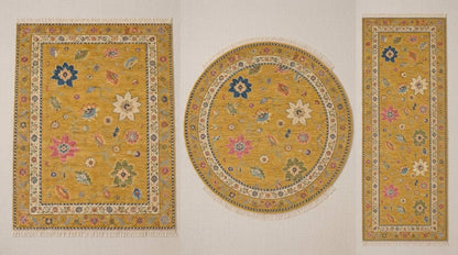 Oushak Hand Knotted Rug set in mustard yellow with multicolour floral motifs and ivory borders, shown in three shapes