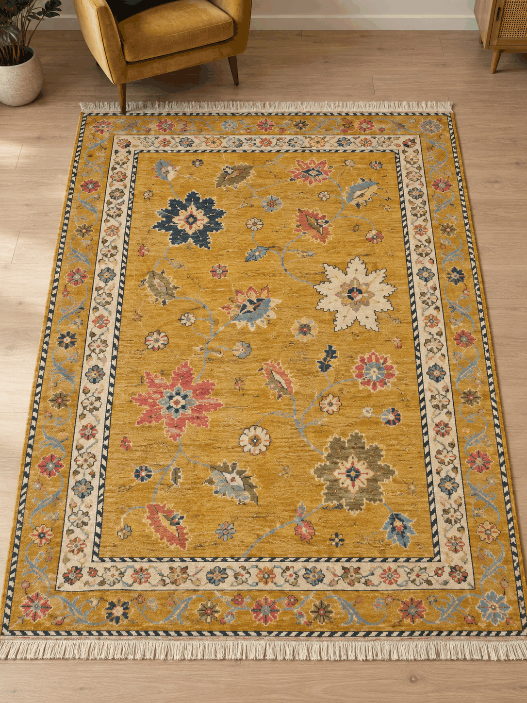 Oushak Hand Knotted Rug in mustard yellow wool, with multicolour floral motifs, an ivory rosette border and fringe