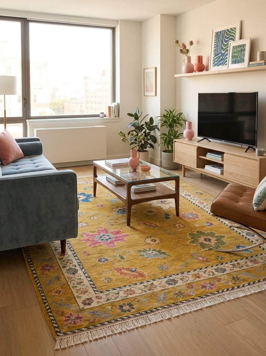 Oushak Hand Knotted Rug in mustard yellow wool with multicoloured floral motifs, ivory rosette border and fringed ends