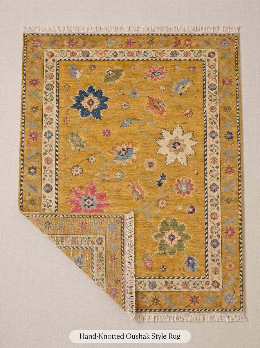 Oushak Hand Knotted Rug in mustard yellow wool with multicolour floral motifs, ivory rosette border and fringed ends