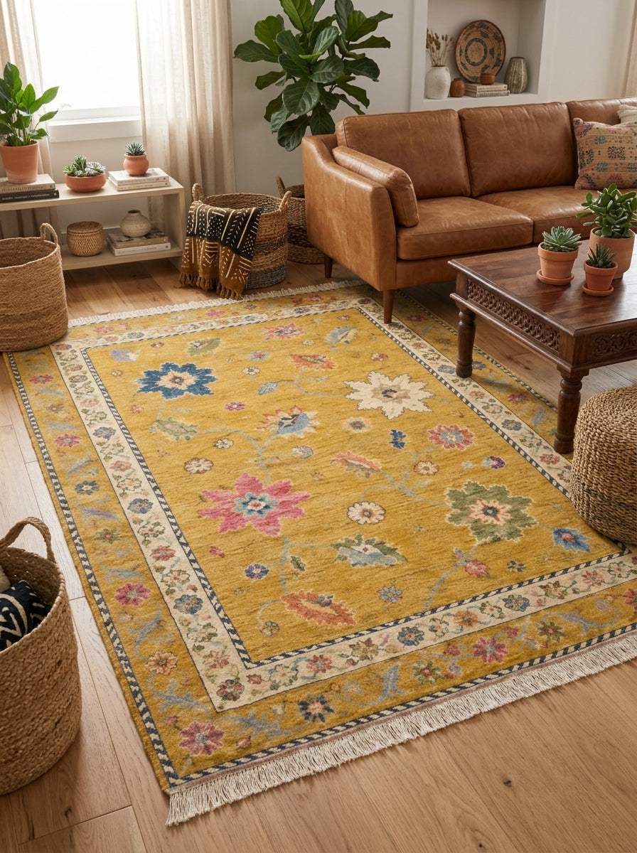 Oushak Hand Knotted Rug in mustard yellow wool with multicolour floral motifs, ivory rosette border and fringed ends