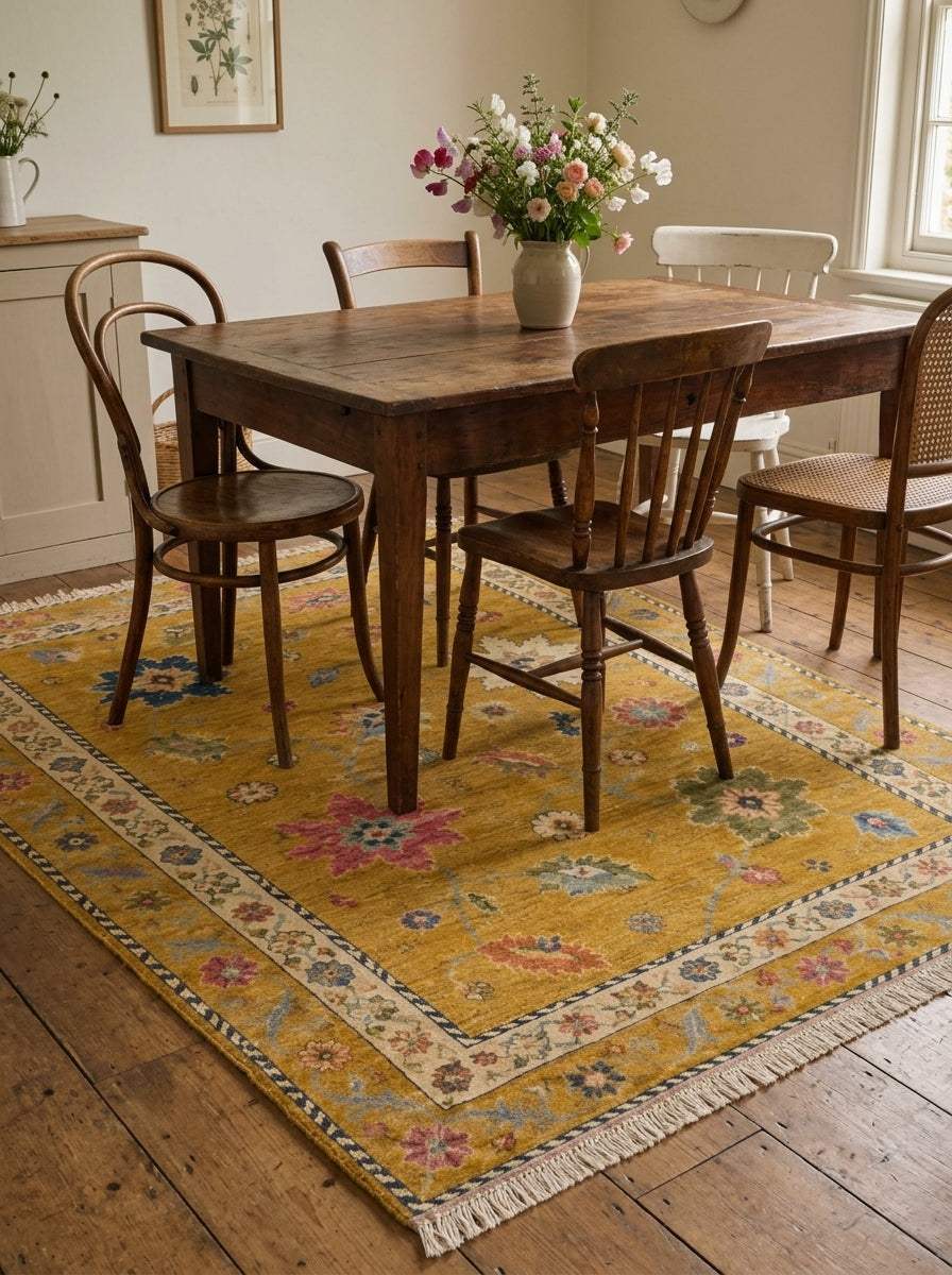 Oushak Hand Knotted Rug in mustard yellow wool with multicolour floral motifs, ivory rosette border and fringe