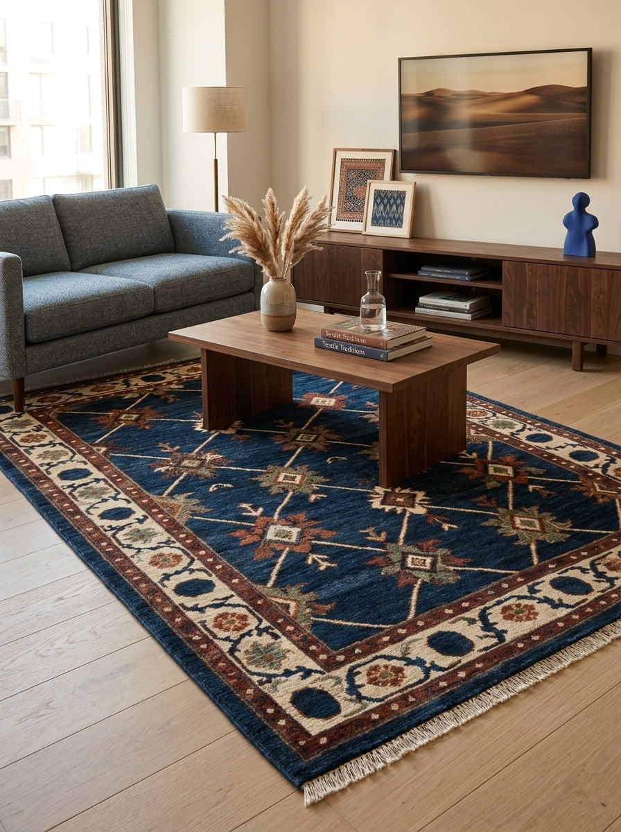 Oushak Hand Knotted Rug in navy wool, with an ivory diagonal trellis, rust and sage geometric motifs, and floral border.