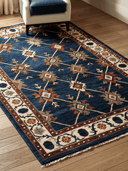 Oushak Hand Knotted Rug in deep navy wool with an ivory diagonal trellis, multicoloured star motifs and floral border