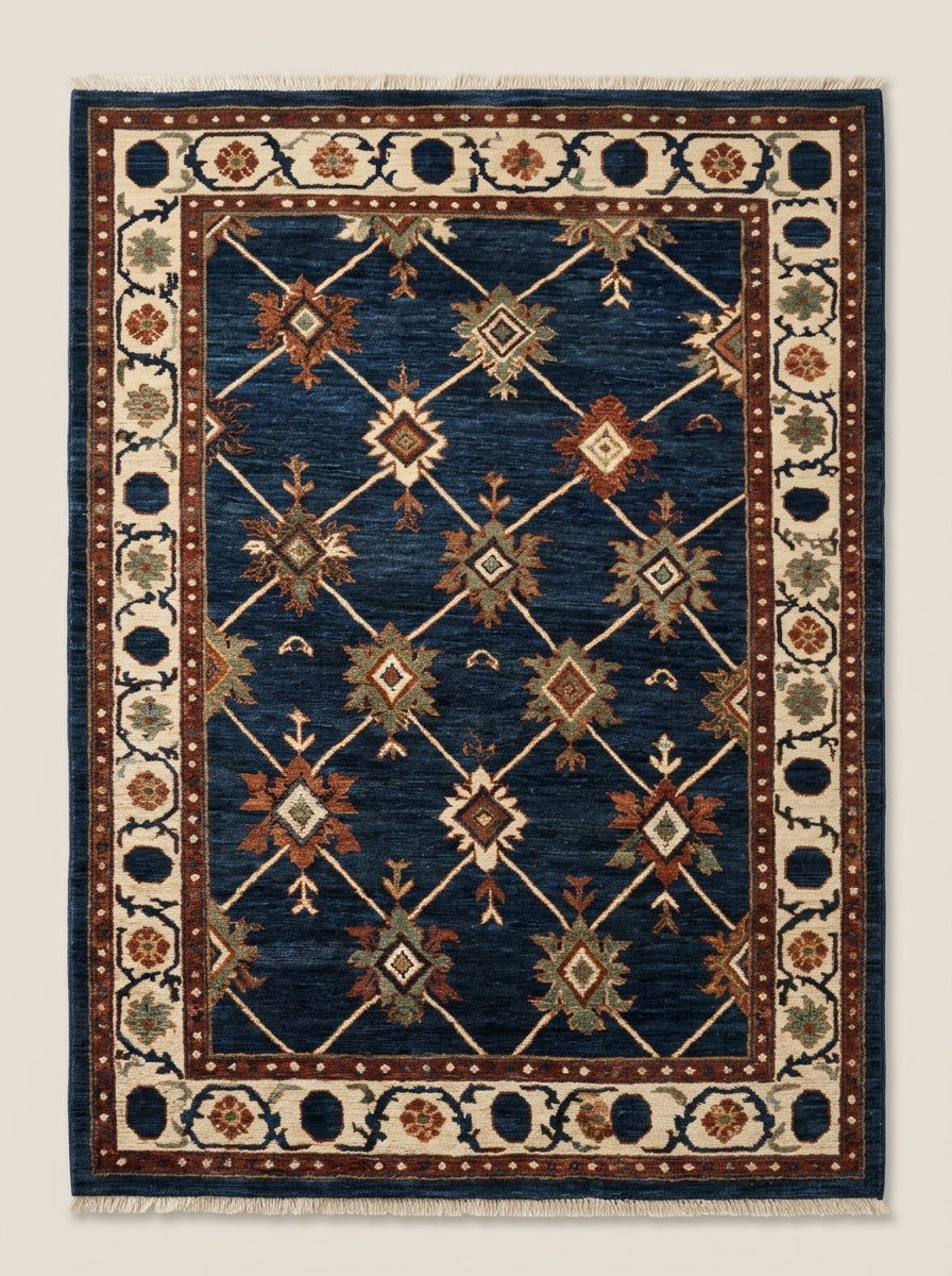 Oushak Hand Knotted Rug in navy wool, with an ivory trellis, rust and sage star motifs, and floral border.