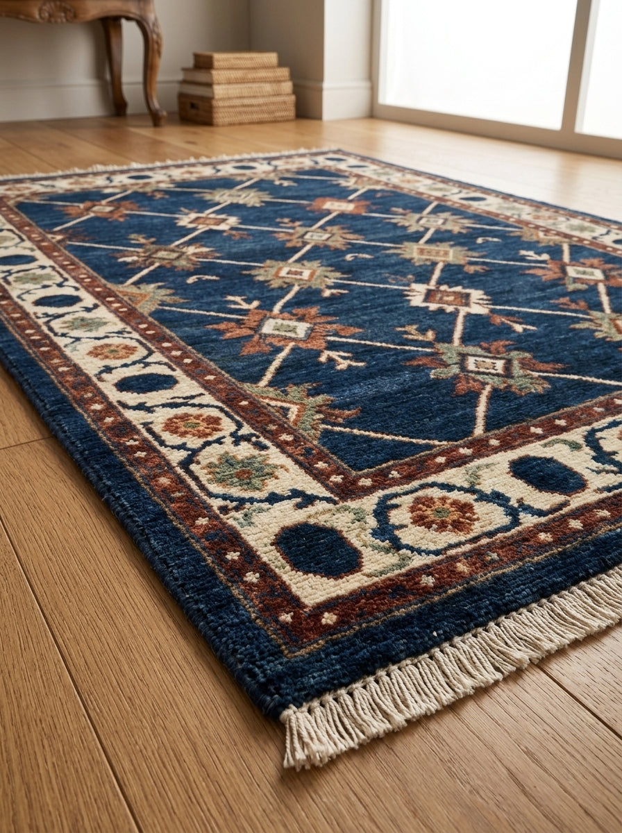 Oushak Hand Knotted Rug in navy wool, with an ivory geometric trellis, rust and sage star motifs, ornate border and fringe.