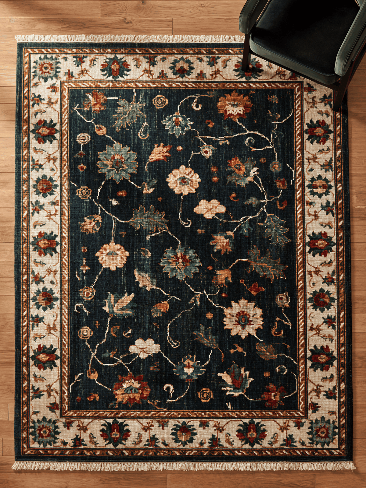 Oushak Hand Knotted Rug in deep navy wool, with colorful floral vines, an ivory palmette border, and fringe