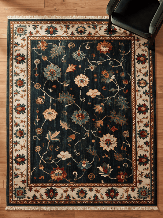 Oushak Hand Knotted Rug in deep navy wool, with colorful floral vines, an ivory palmette border, and fringe