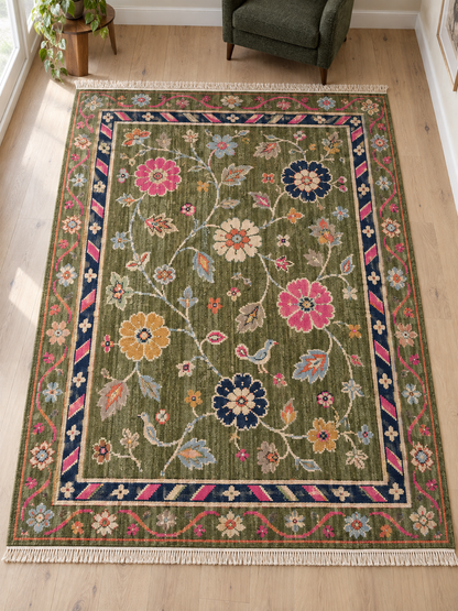 Oushak Hand Knotted Rug in olive green wool with pink, navy and mustard flowers, trailing vines and a striped border