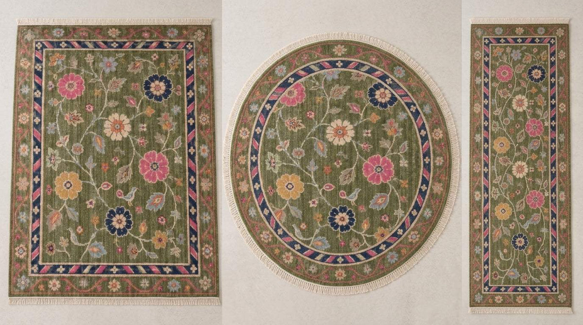 Oushak Hand Knotted Rug in olive green wool, with folk floral vines, perched birds and a striped pink and navy border
