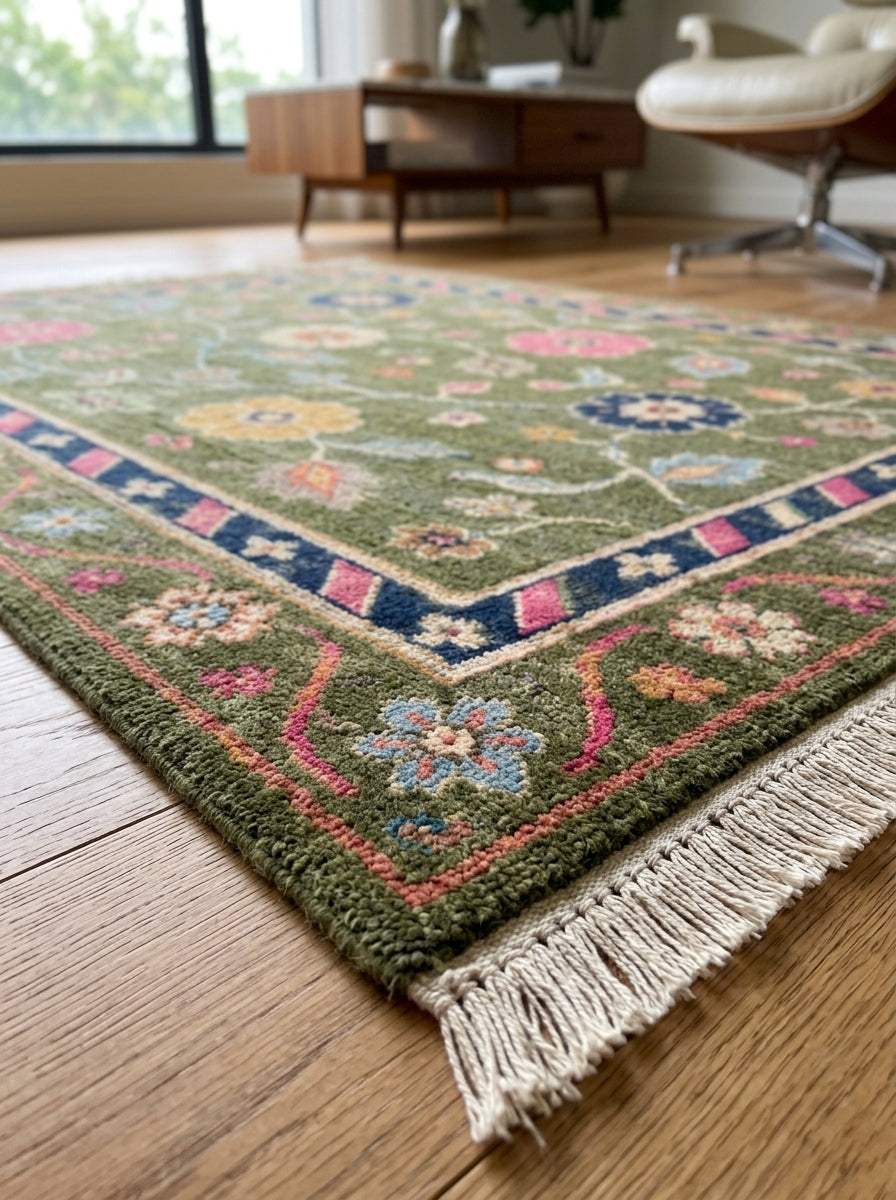 Oushak Hand Knotted Rug in olive green wool with folk floral vines, colorful blossoms, birds, striped navy border and fringe