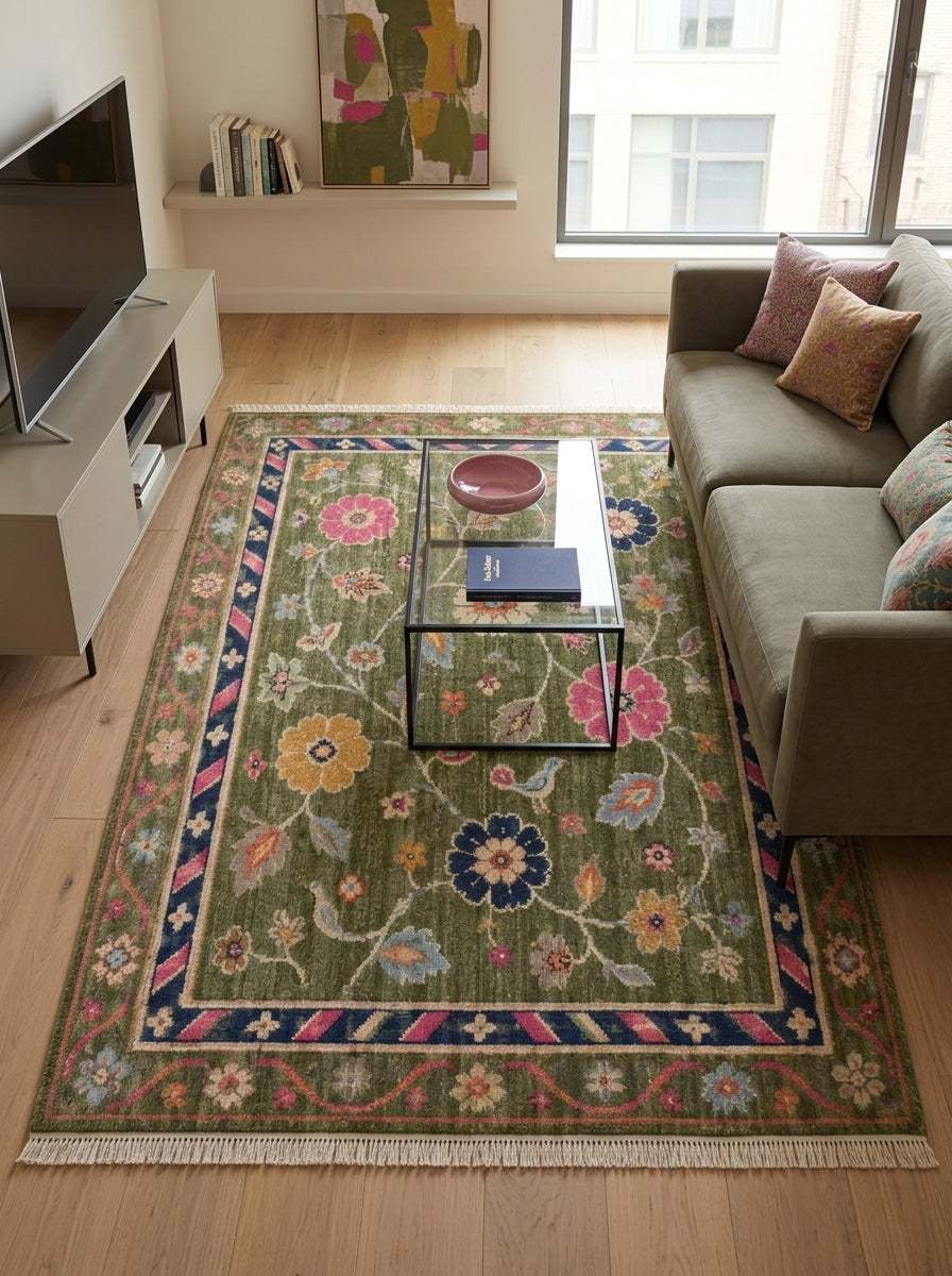 Oushak Hand Knotted Rug in olive green wool, decorated with colorful floral vines and a striped navy and pink border