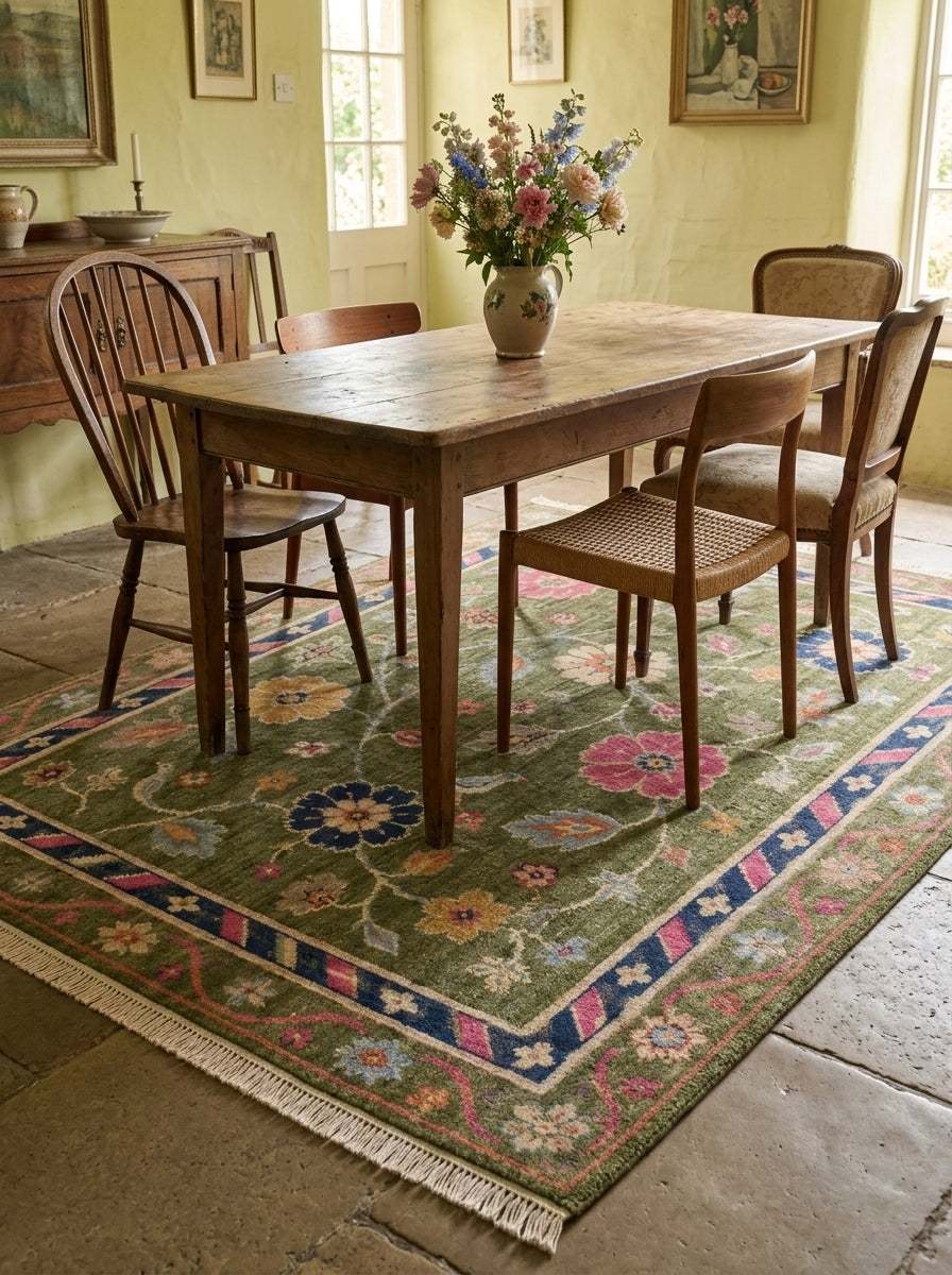 Oushak Hand Knotted Rug in olive green wool with folk-style pink, navy and ivory florals, birds and striped border