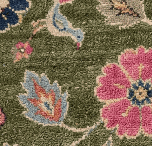 Oushak Hand Knotted Rug in olive green wool, with textured pile, pink and navy flowers, blue leaves and ivory vines