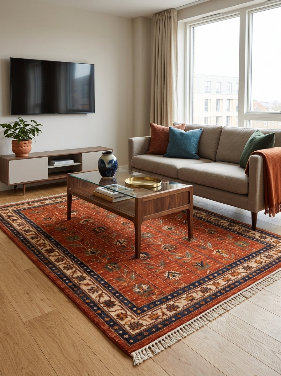 Oushak Hand Knotted Rug in rust red wool, with orderly botanical stems and an ivory, navy and gold border.
