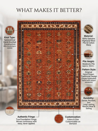 Oushak Hand Knotted Rug in rust red wool, with vertical floral stems and an ivory, navy and gold border.