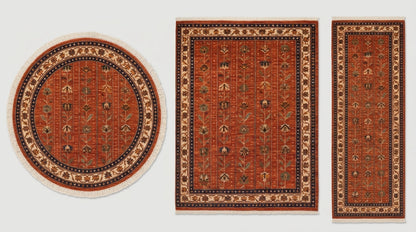 Oushak Hand Knotted Rug in rust red wool with botanical stem motifs and ornate ivory, navy and gold borders.