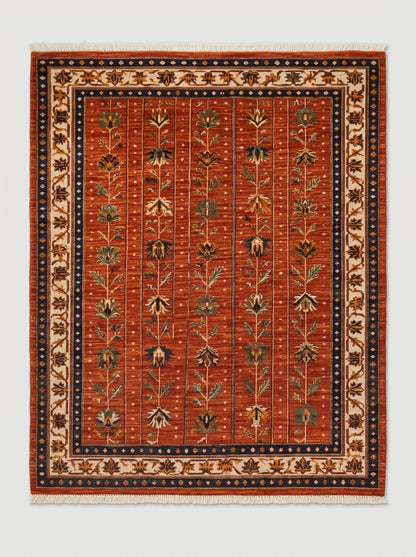 Oushak Hand Knotted Rug in rust red wool, with vertical botanical stems, an ivory floral border, navy bands and fringe.