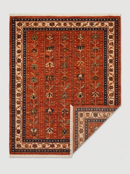 Oushak Hand Knotted Rug in rust red wool, with vertical botanical stems and an ivory, navy and gold floral border.