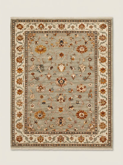 Oushak Hand Knotted Rug in sage gray wool, with rust and gold floral vines and a wide ivory patterned border.